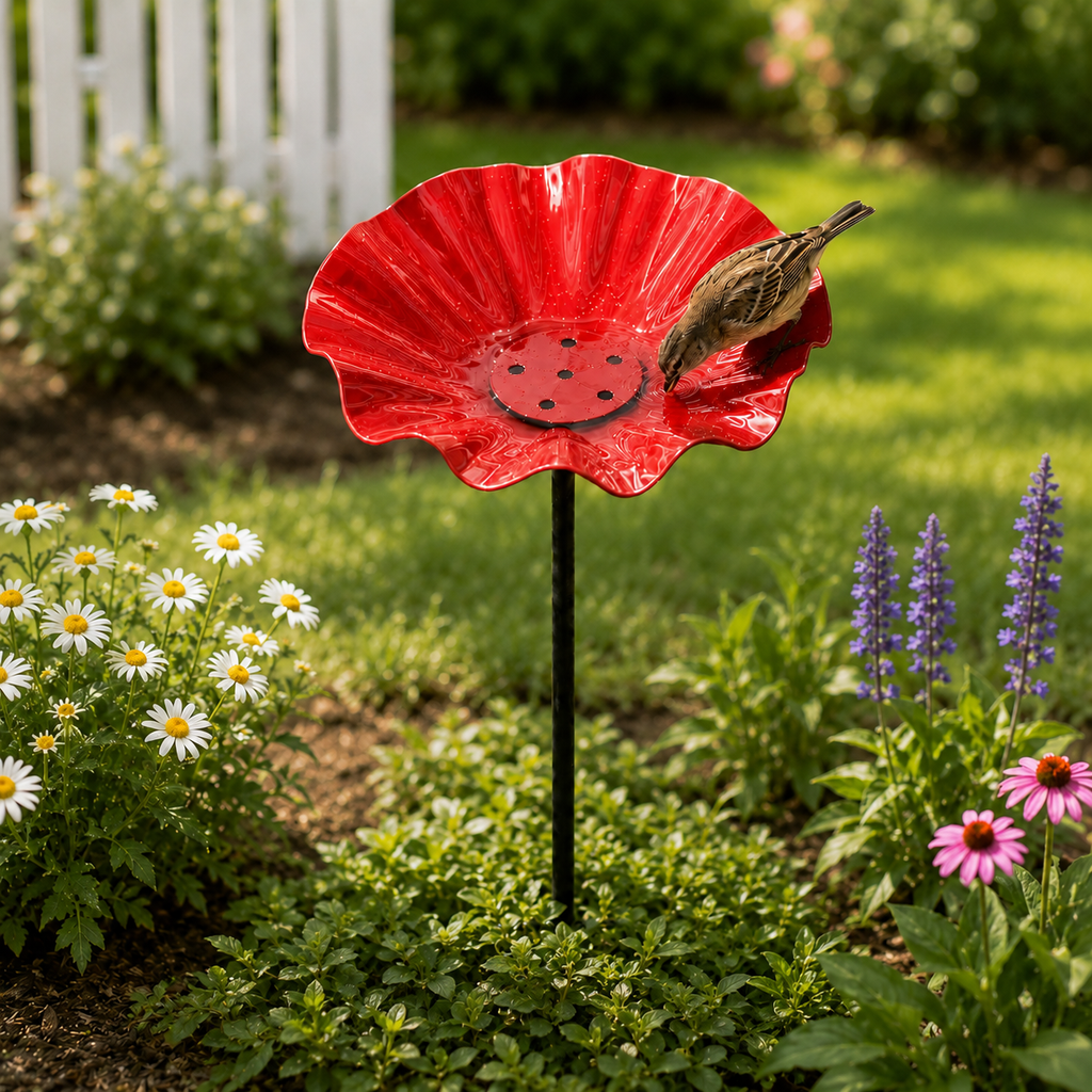 Handmade Metal Flower Bird Bath Garden Stake