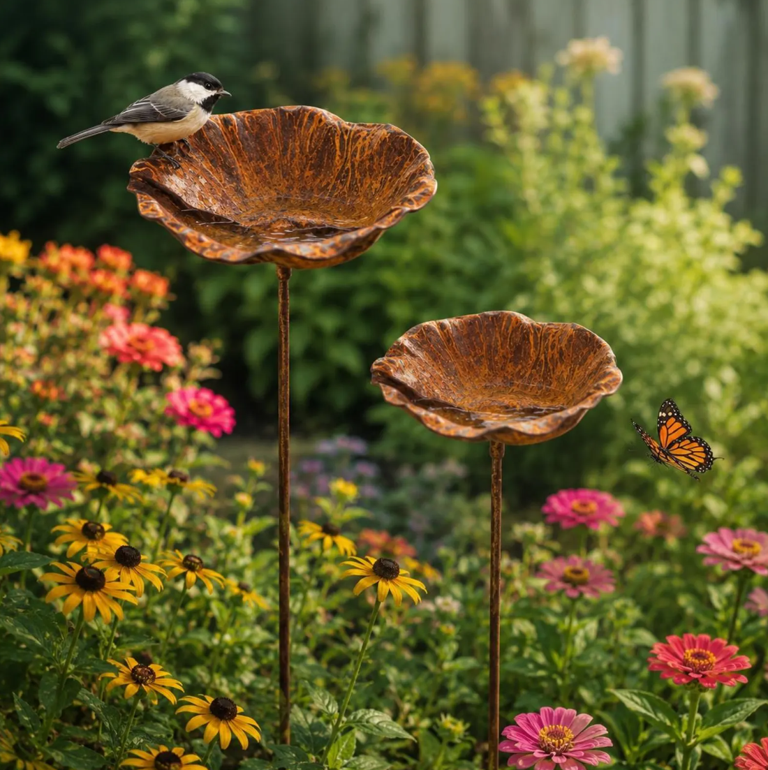 Rusted Metal Lotus Leaf Bird Bath Stake, Garden Flower Decor, Cottage Yard Sculpture