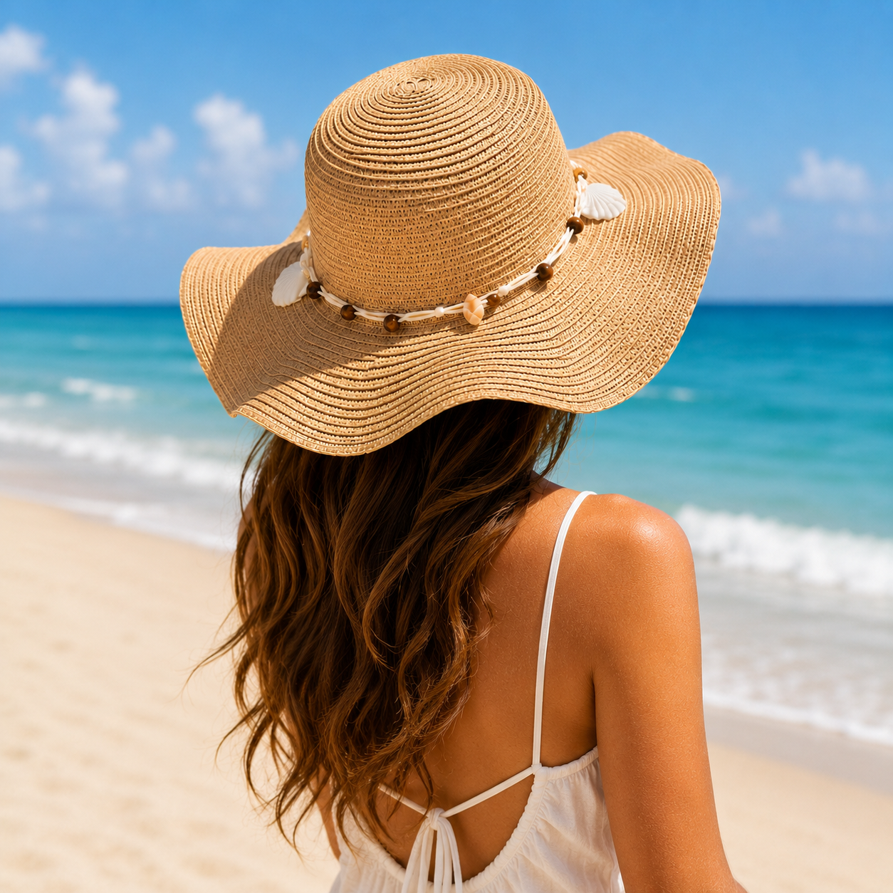 Boho Shell Wide Brim Straw Sun Hat for Women