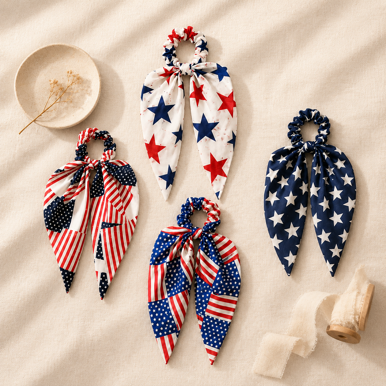 Patriotic Bow Scrunchie Hair Tie with Tails