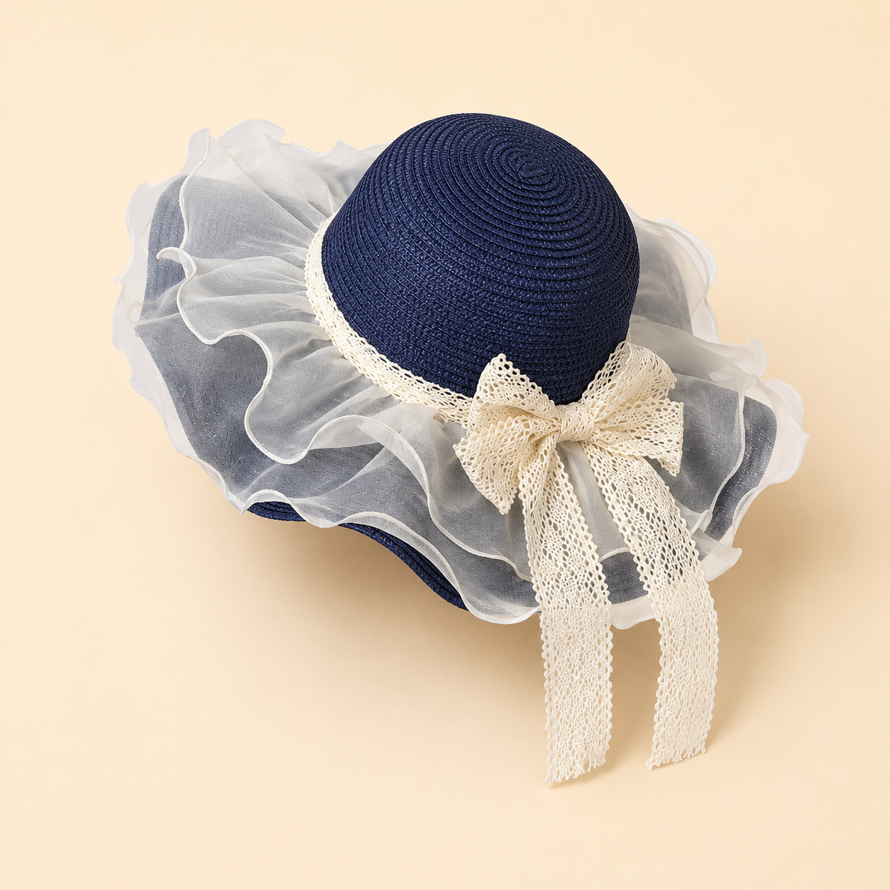 Ruffle Straw Sun Hat with Lace Bow