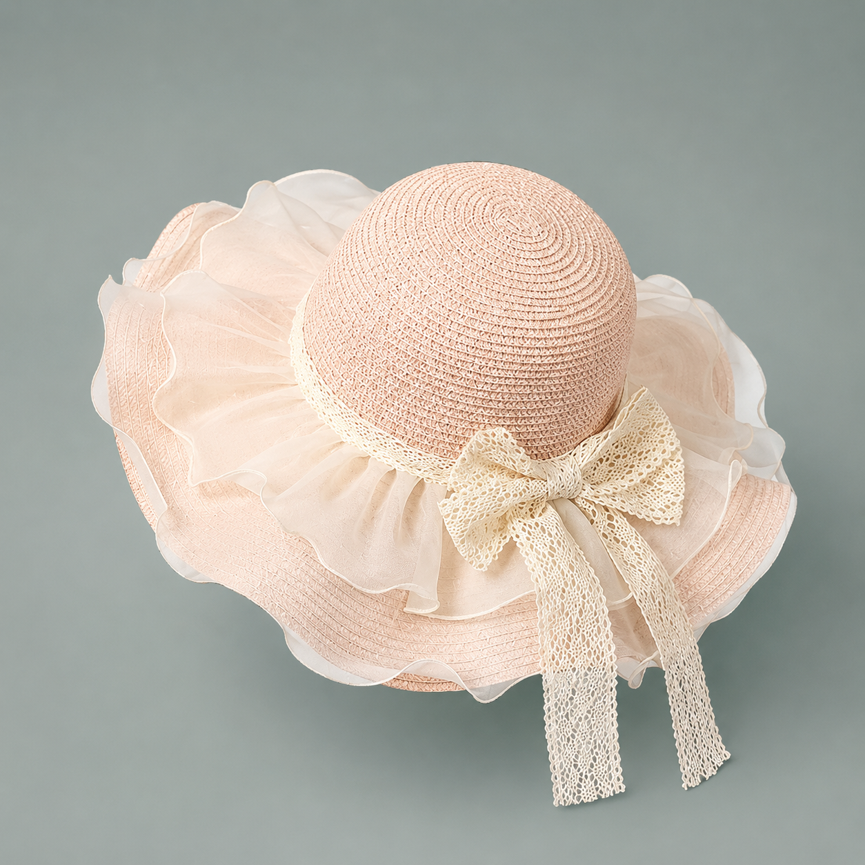 Ruffle Straw Sun Hat with Lace Bow