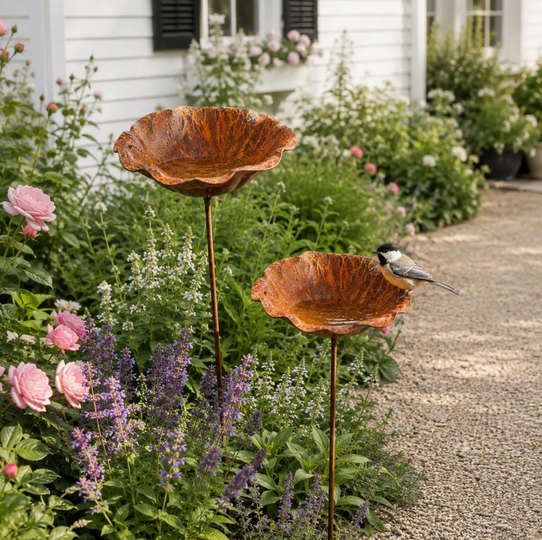 Rusted Metal Lotus Leaf Bird Bath Stake, Garden Flower Decor, Cottage Yard Sculpture