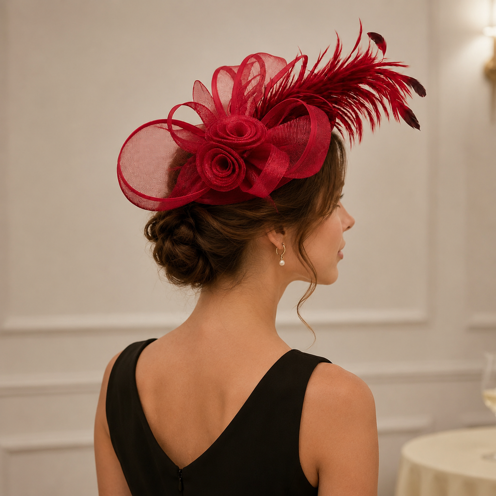 Red Feather Fascinator Hat for Derby, Weddings & Tea Parties