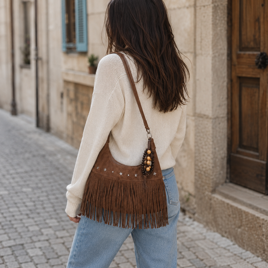 Western Boho Faux Suede Fringe Shoulder Bag