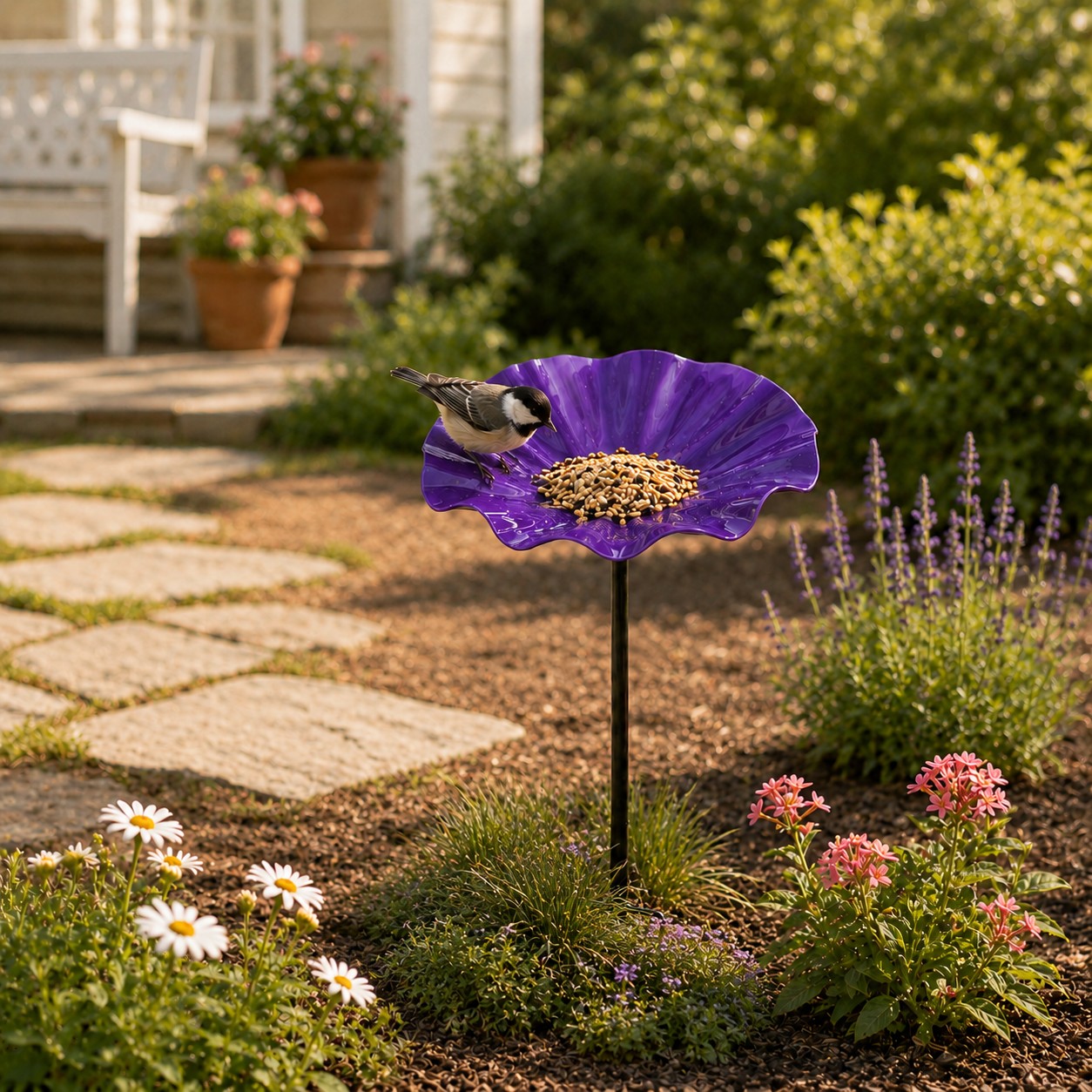Handmade Metal Flower Bird Bath Garden Stake