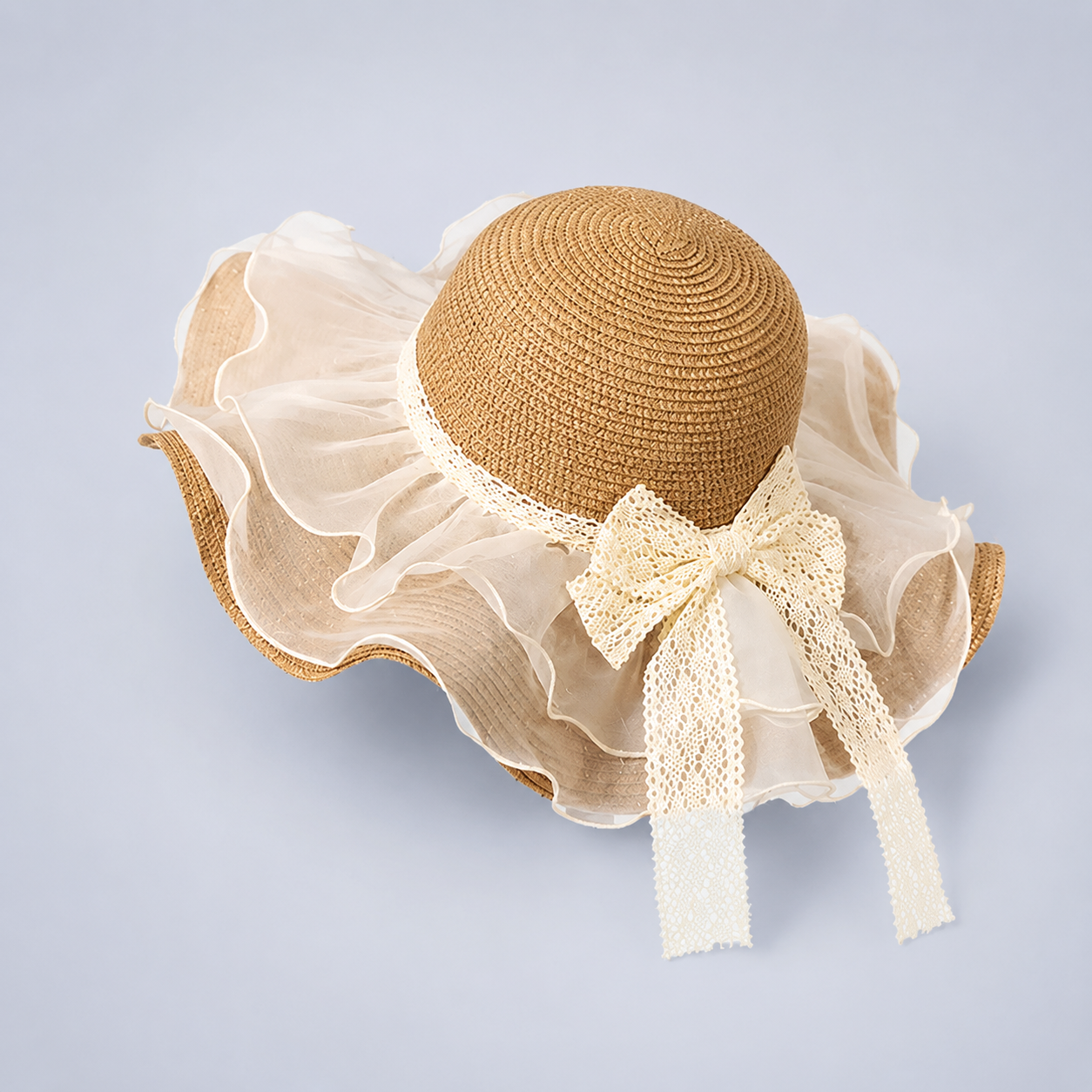 Ruffle Straw Sun Hat with Lace Bow