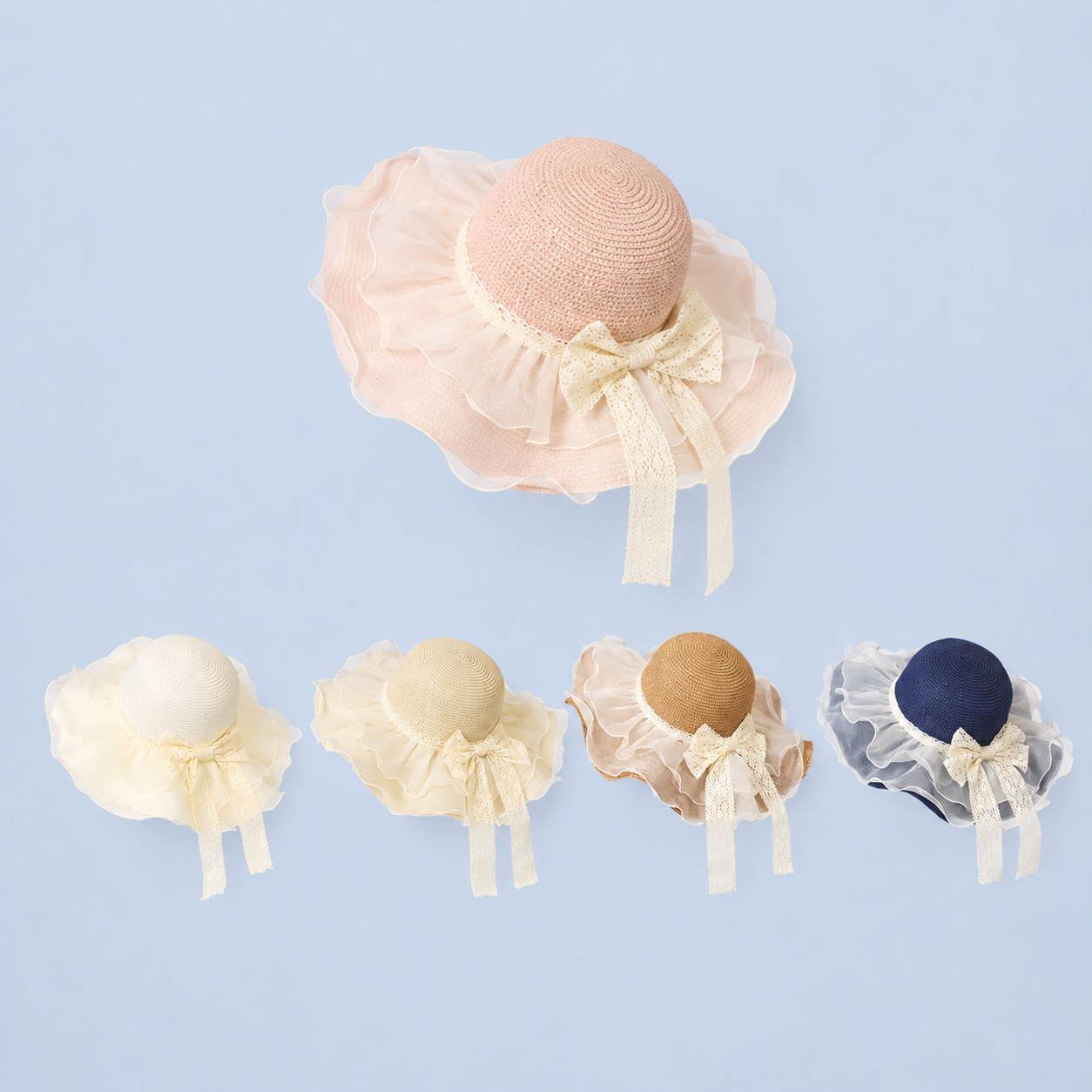 Ruffle Straw Sun Hat with Lace Bow