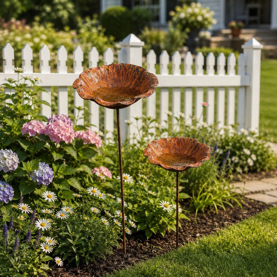 Rusted Metal Lotus Leaf Bird Bath Stake, Garden Flower Decor, Cottage Yard Sculpture