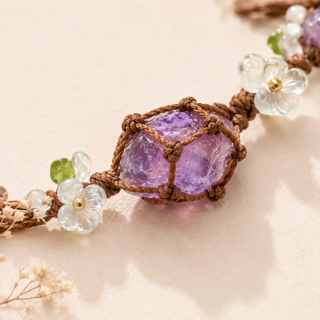 Handmade Amethyst Floral Adjustable Boho Bracelet for Women