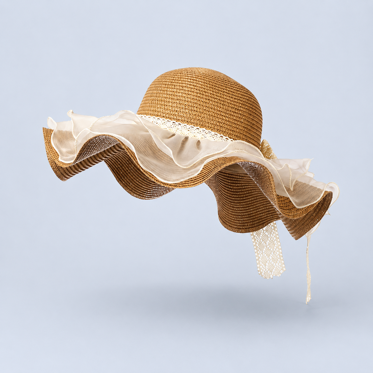 Ruffle Straw Sun Hat with Lace Bow