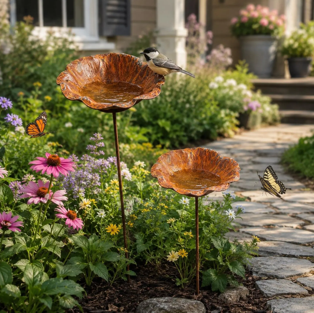 Rusted Metal Lotus Leaf Bird Bath Stake, Garden Flower Decor, Cottage Yard Sculpture