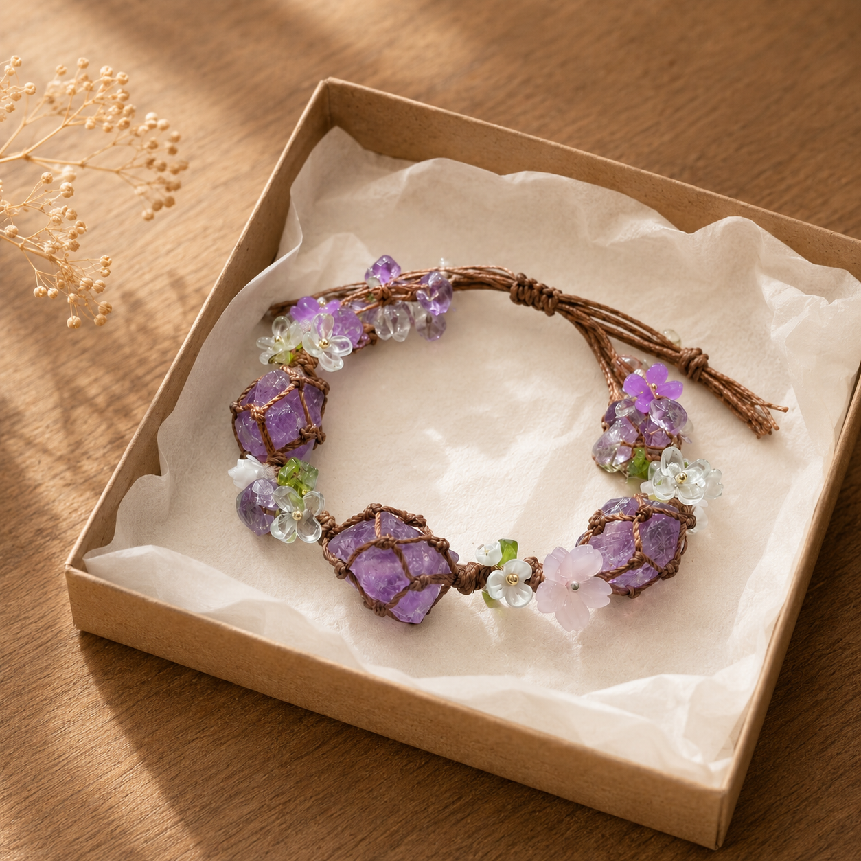Handmade Amethyst Floral Adjustable Boho Bracelet for Women