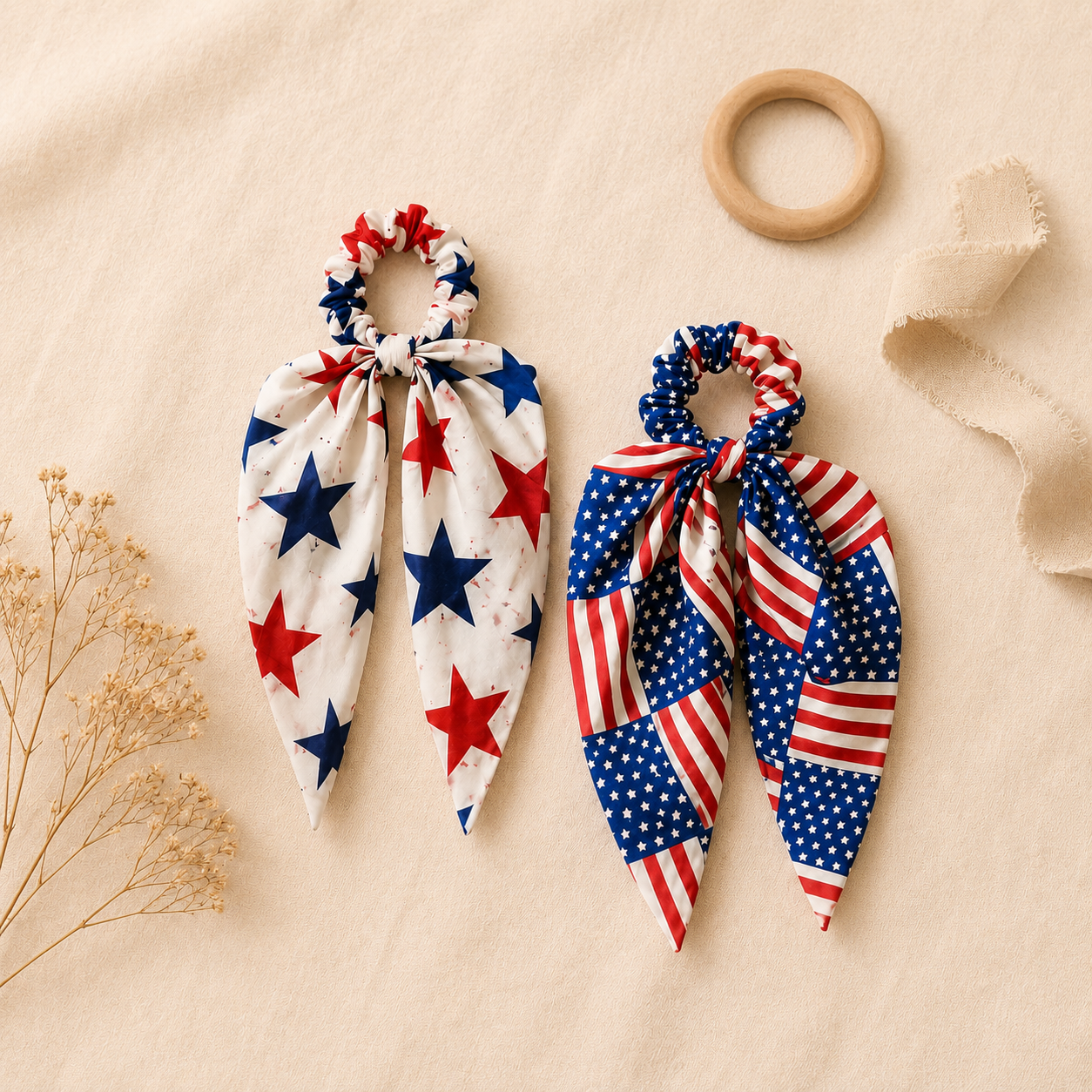 Patriotic Bow Scrunchie Hair Tie with Tails