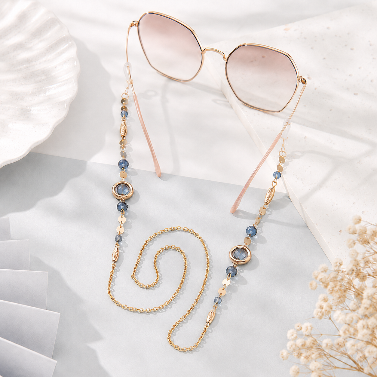 Chic Beaded Eyeglass Chain with Gold-Tone Gemstone Accents