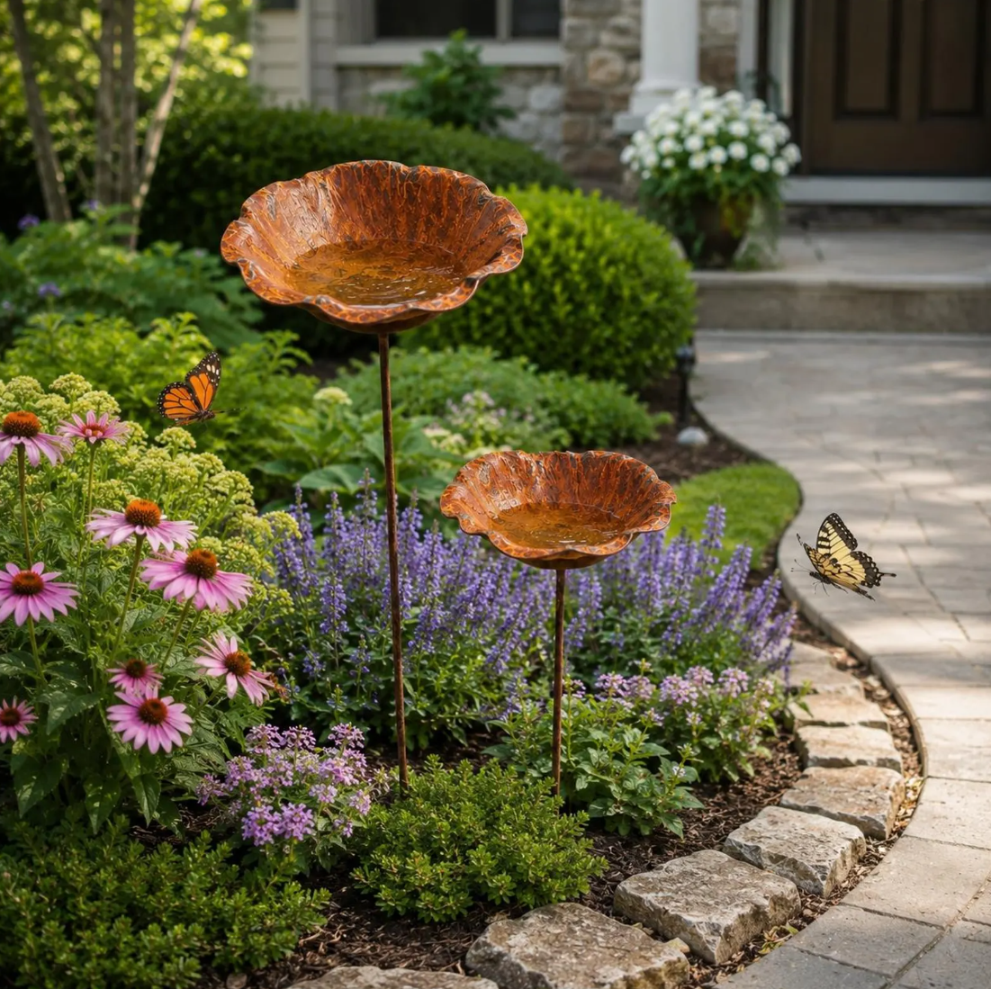 Rusted Metal Lotus Leaf Bird Bath Stake, Garden Flower Decor, Cottage Yard Sculpture