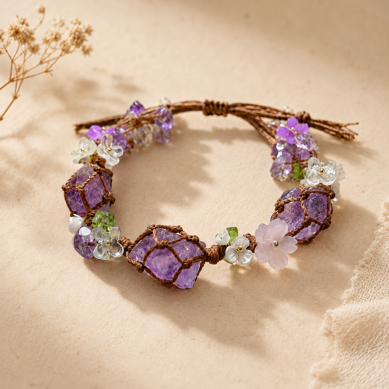 Handmade Amethyst Floral Adjustable Boho Bracelet for Women