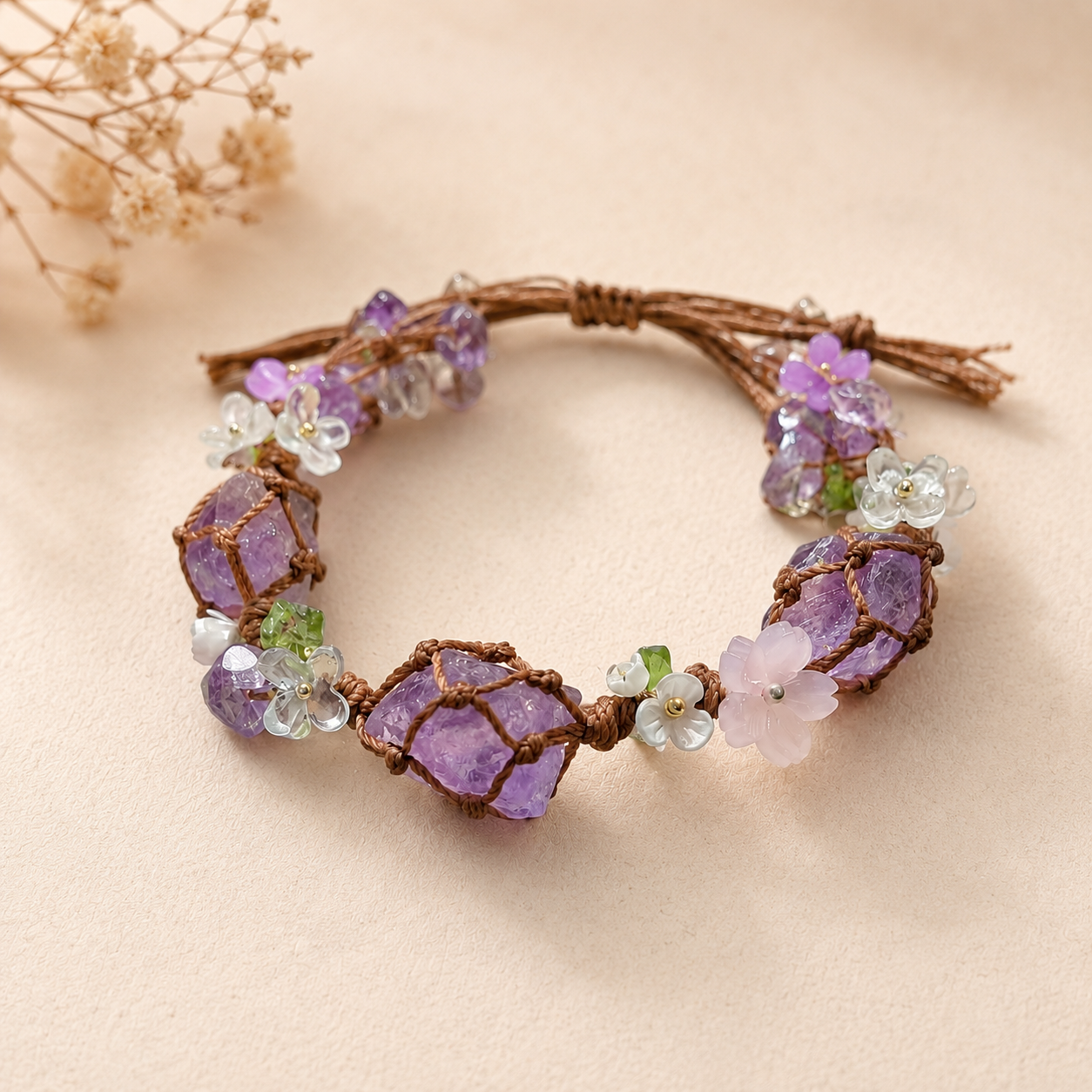 Handmade Amethyst Floral Adjustable Boho Bracelet for Women