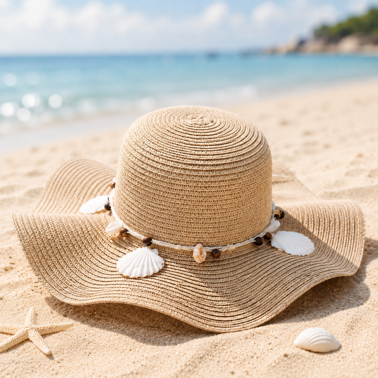 Boho Shell Wide Brim Straw Sun Hat for Women