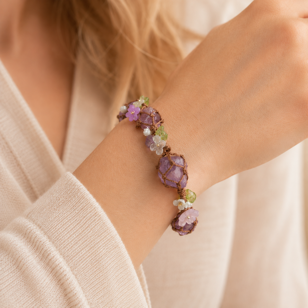 Handmade Amethyst Floral Adjustable Boho Bracelet for Women