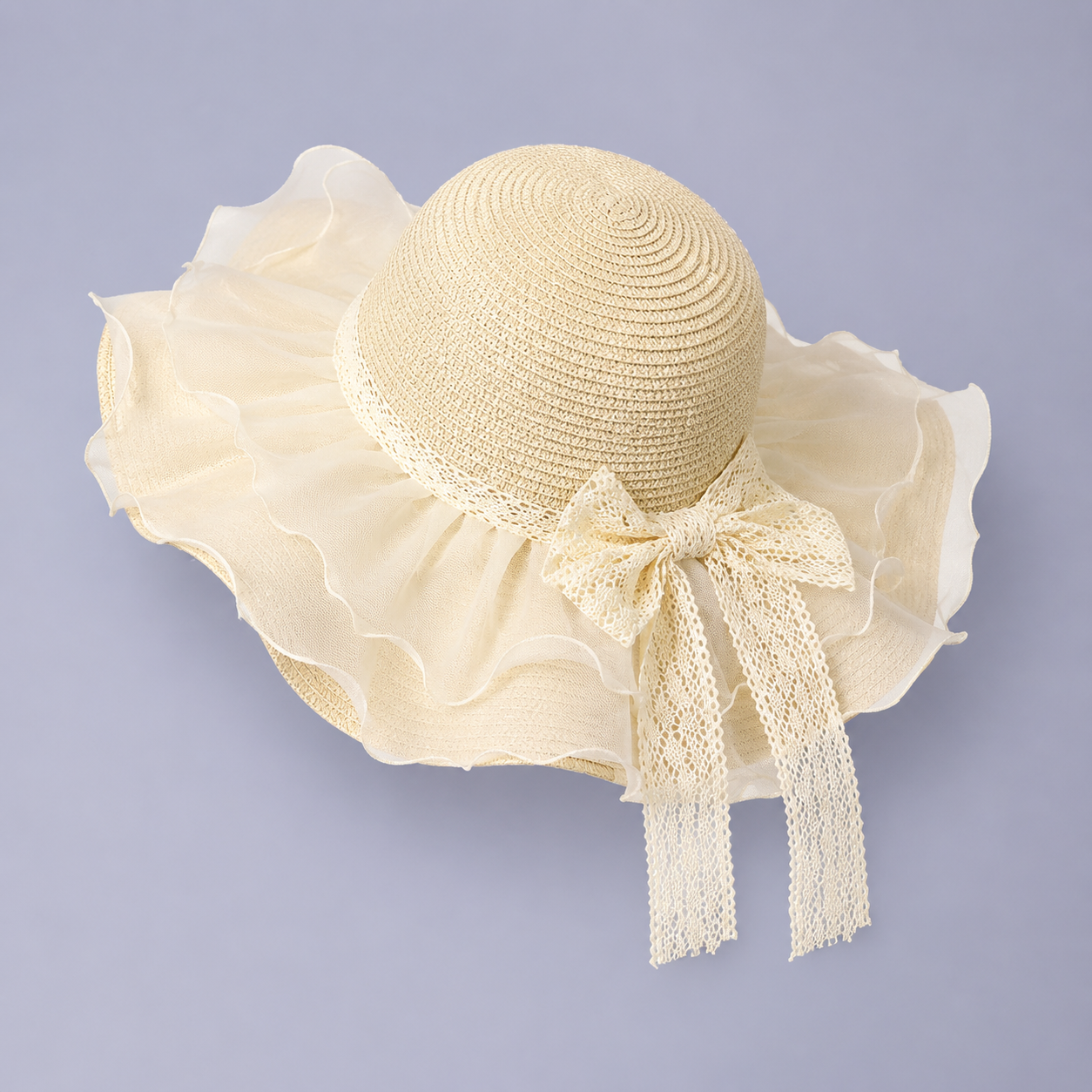 Ruffle Straw Sun Hat with Lace Bow
