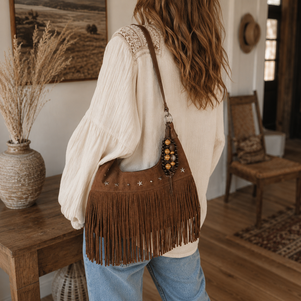 Western Boho Faux Suede Fringe Shoulder Bag