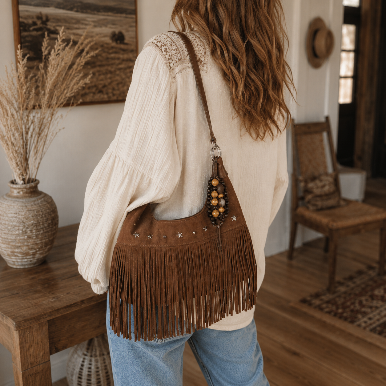 Western Boho Faux Suede Fringe Shoulder Bag