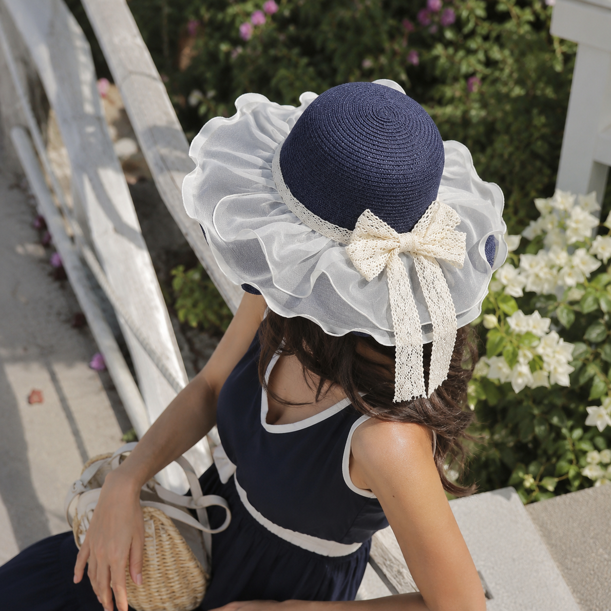 Ruffle Straw Sun Hat with Lace Bow