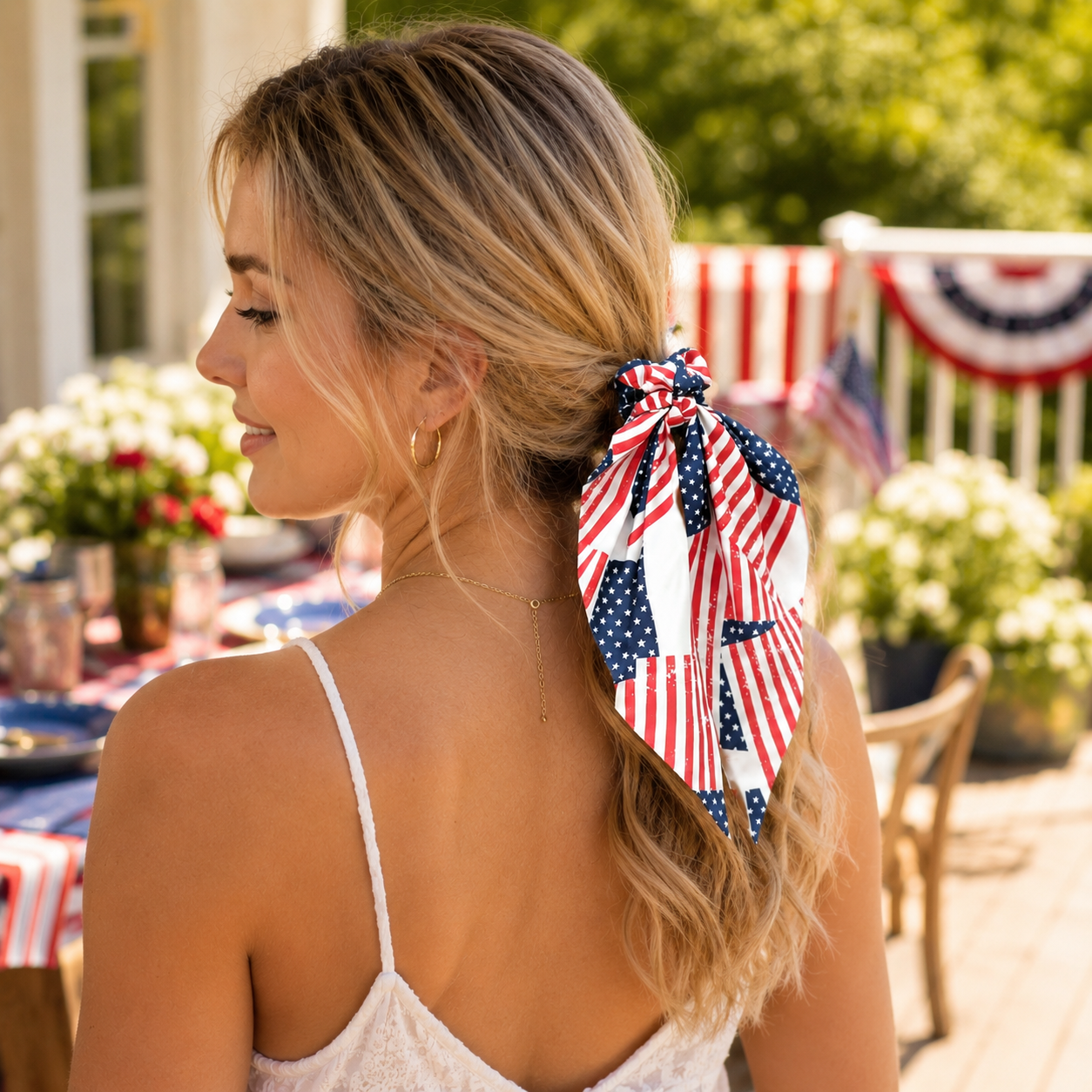 Patriotic Bow Scrunchie Hair Tie with Tails