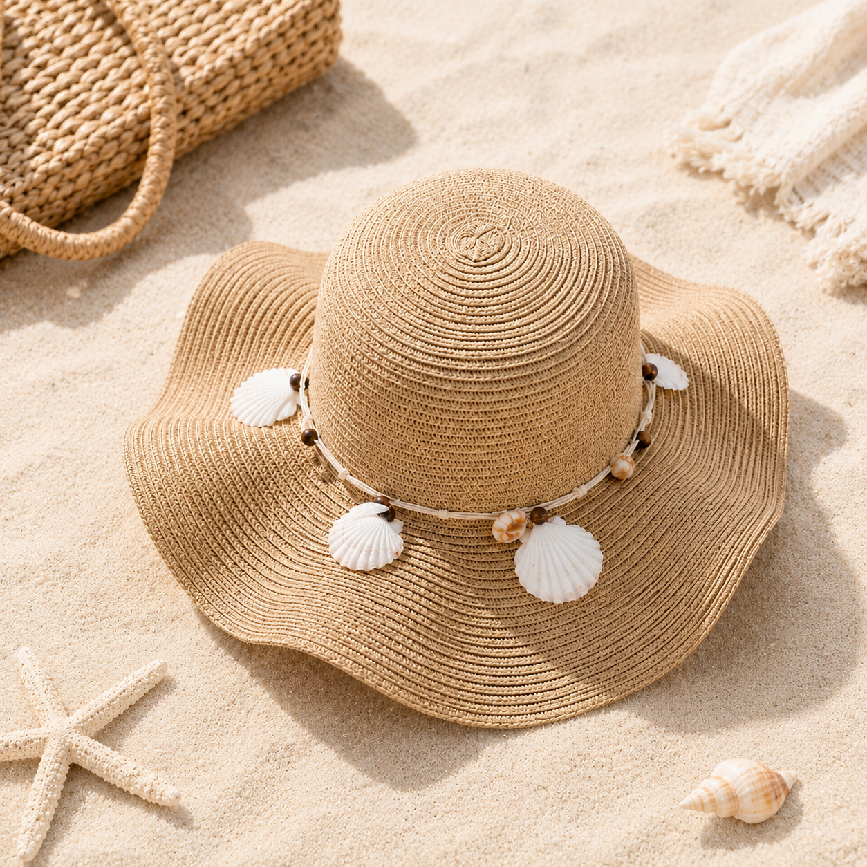 Boho Shell Wide Brim Straw Sun Hat for Women
