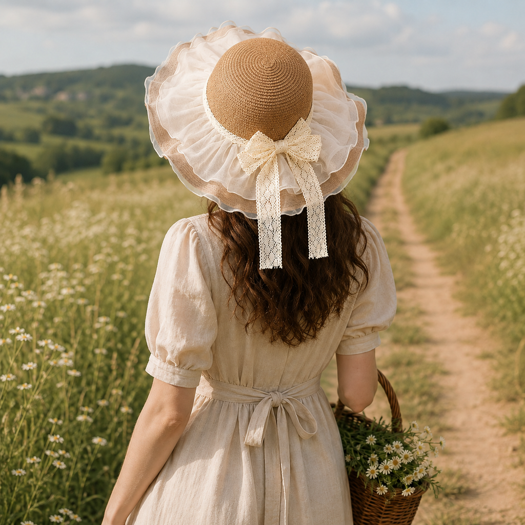 Ruffle Straw Sun Hat with Lace Bow