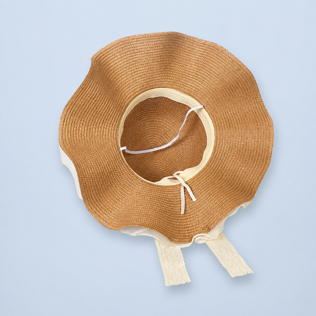Ruffle Straw Sun Hat with Lace Bow