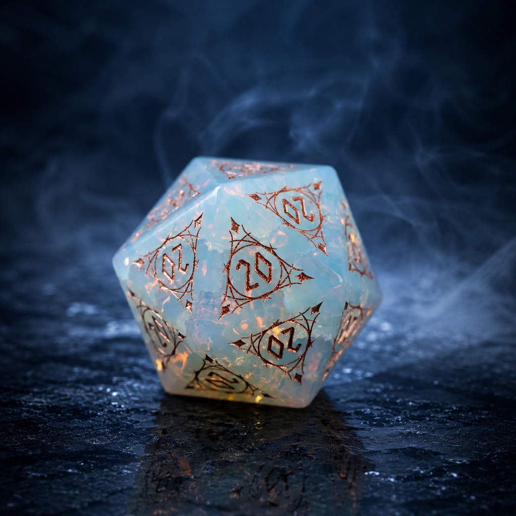 Mystic Gold Cat’s Eye Crystal D20 Dice