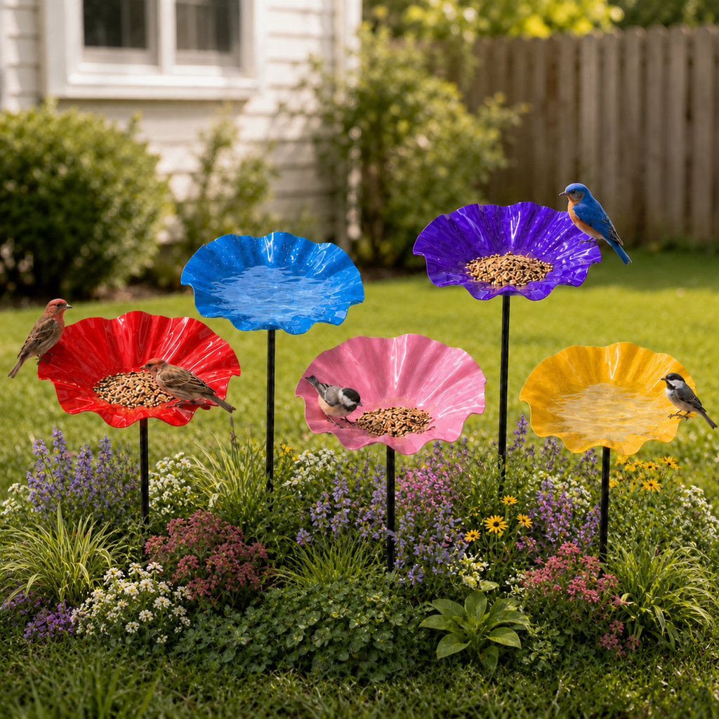 Handmade Metal Flower Bird Bath Garden Stake
