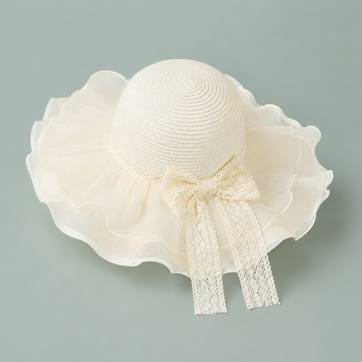Ruffle Straw Sun Hat with Lace Bow