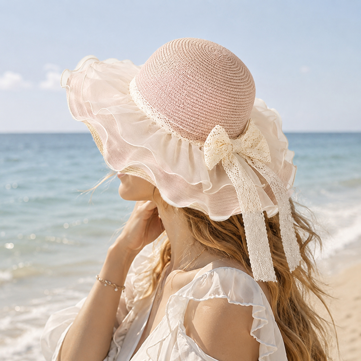 Ruffle Straw Sun Hat with Lace Bow