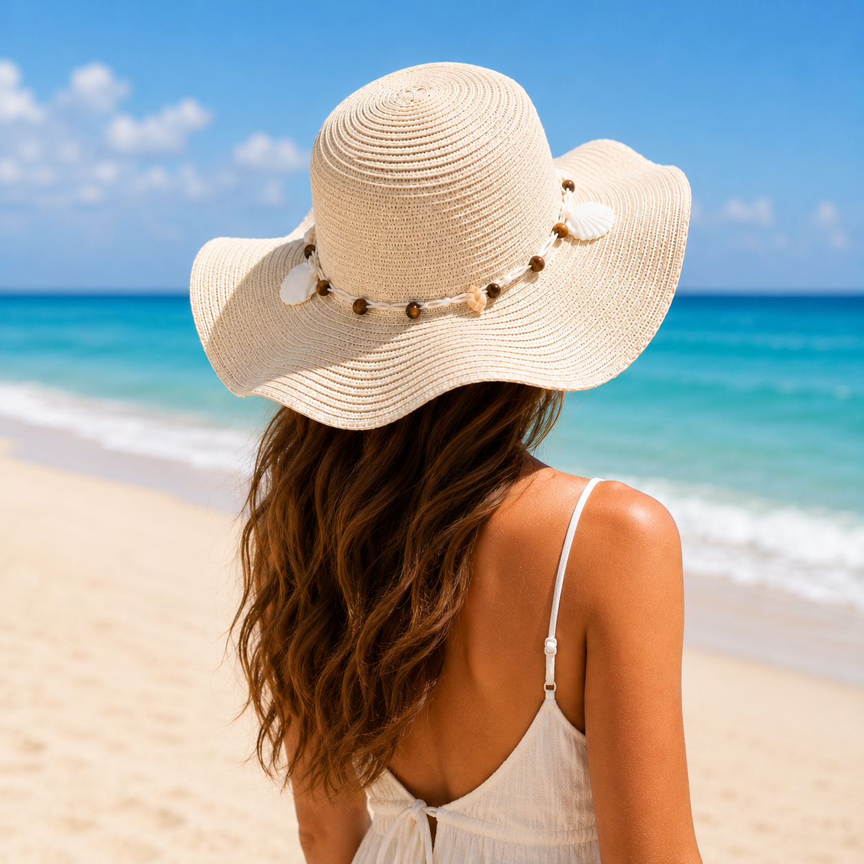 Boho Shell Wide Brim Straw Sun Hat for Women