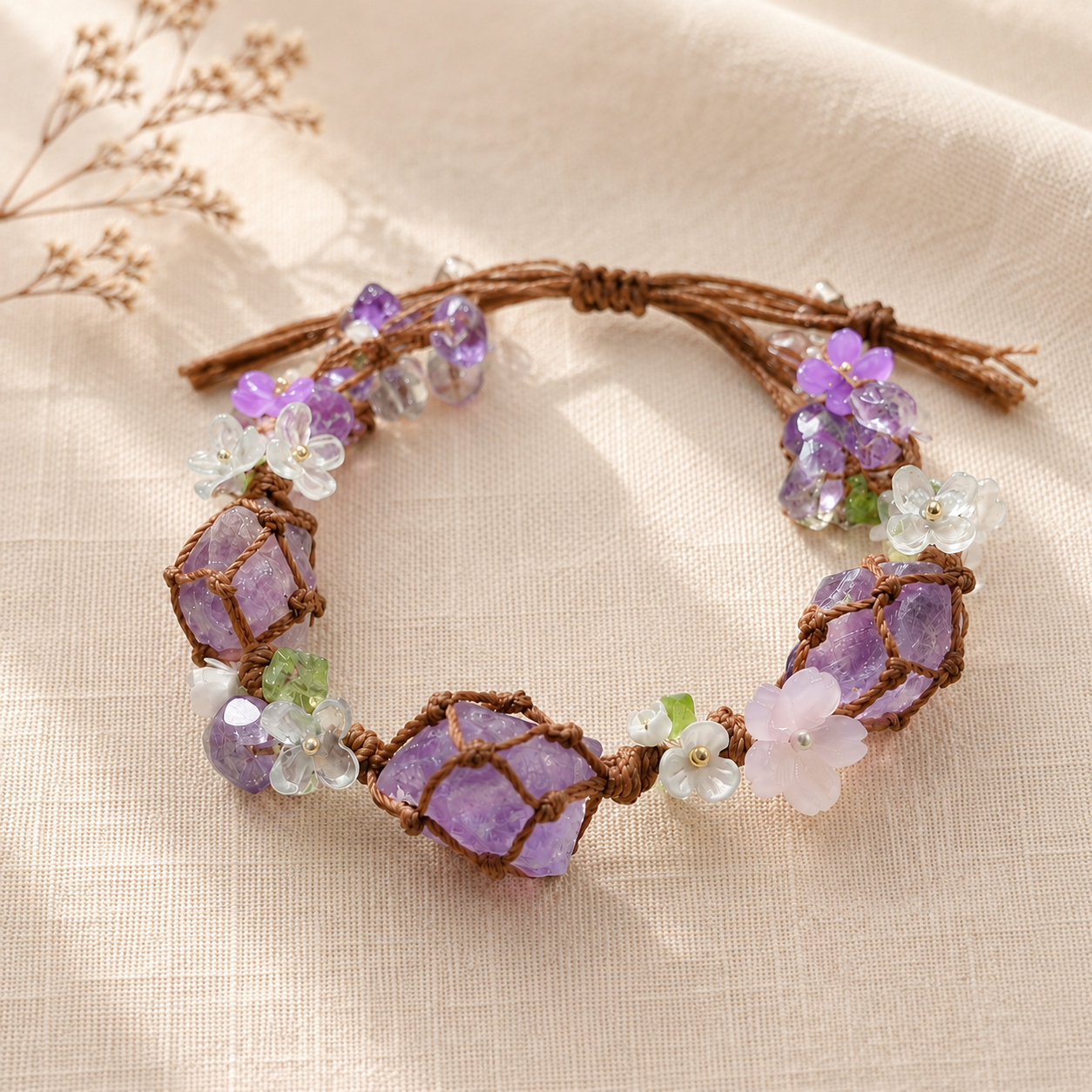 Handmade Amethyst Floral Adjustable Boho Bracelet for Women