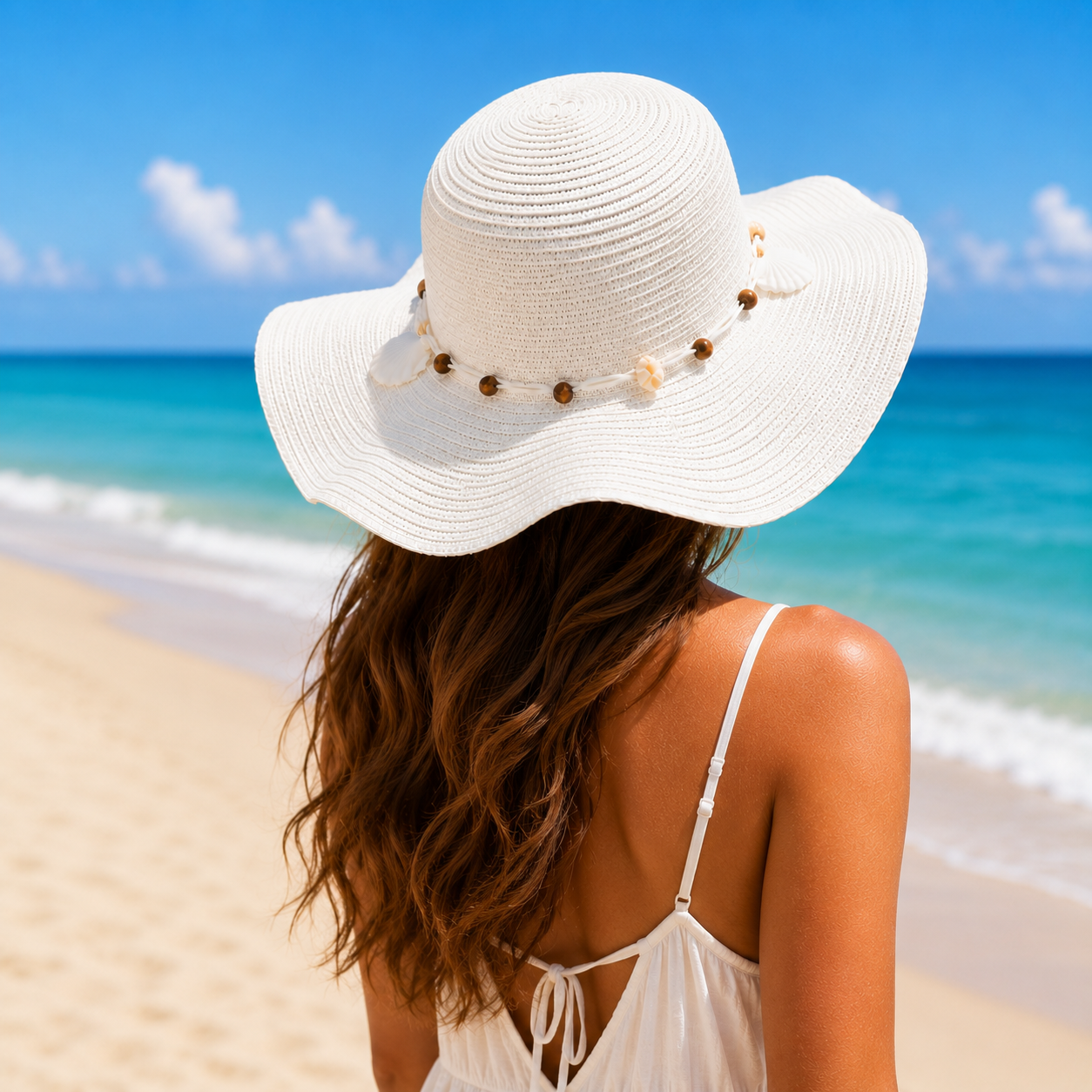 Boho Shell Wide Brim Straw Sun Hat for Women