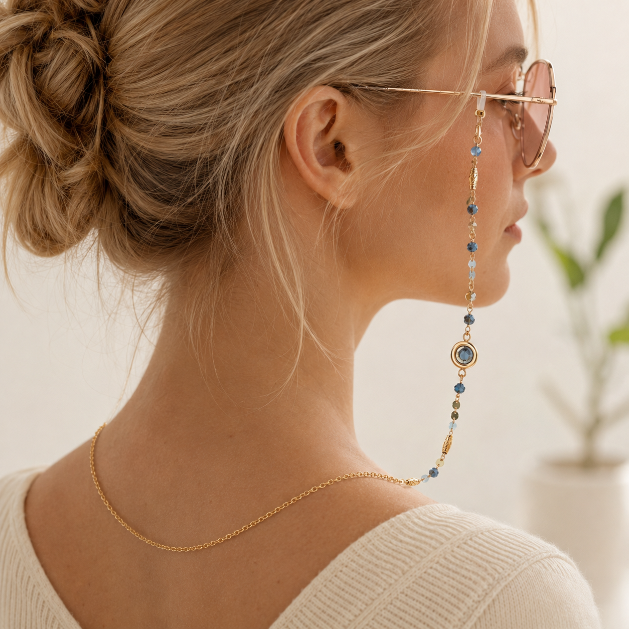 Chic Beaded Eyeglass Chain with Gold-Tone Gemstone Accents