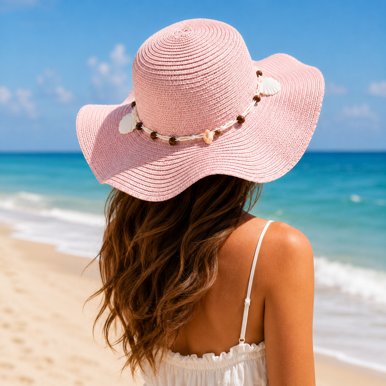 Boho Shell Wide Brim Straw Sun Hat for Women