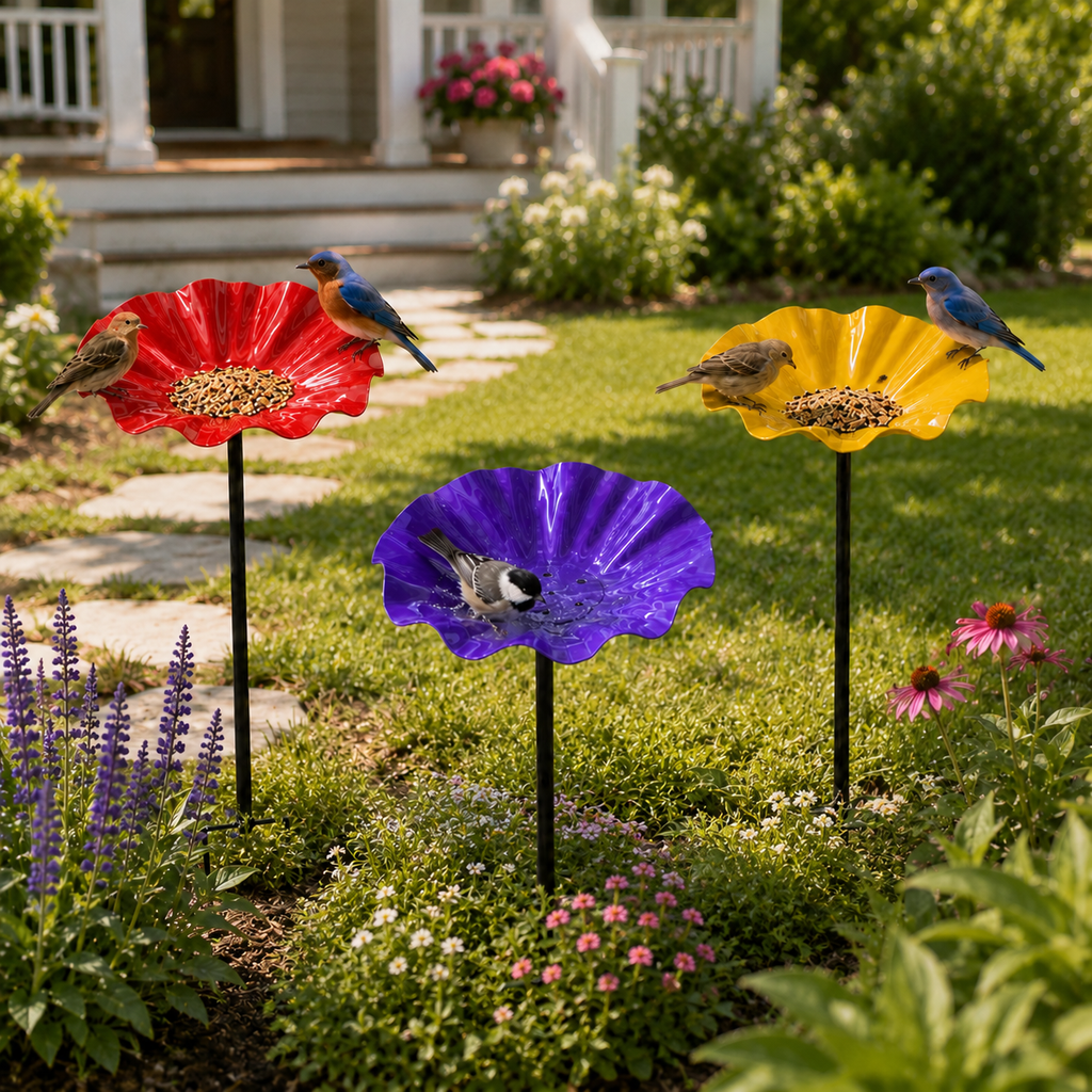 Handmade Metal Flower Bird Bath Garden Stake