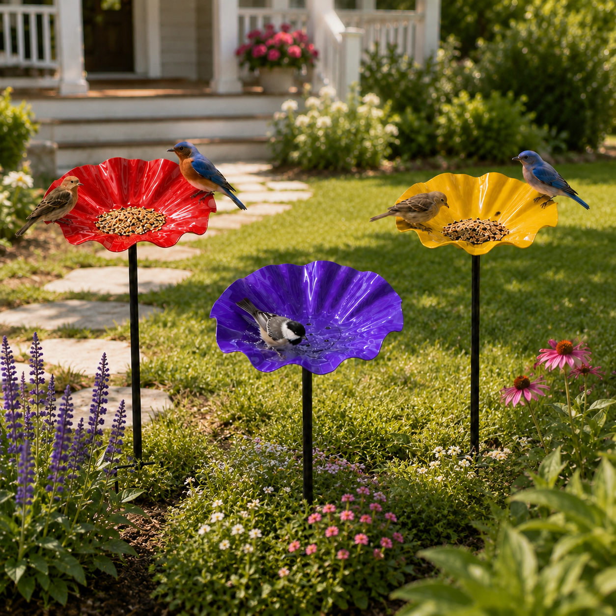 Handmade Metal Flower Bird Bath Garden Stake